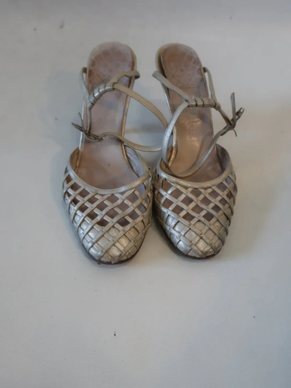 Women Chanel Metallic Champagne Fishnet Leather Ankle Strap Heels 38 EUR/US 8 - Picture 8 of 13